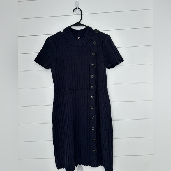 Free People Lottie Navy Blue Ribbed Button Front Mock Neck Sweater Dress XL (A11 - Picture 6 of 11
